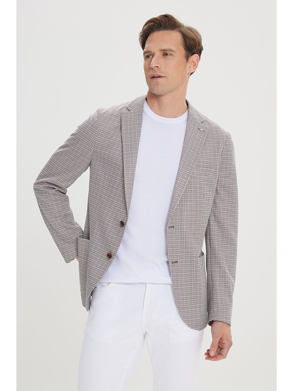 Kahverengi Erkek Kahve-Bej Slim Fit Dar Kesim Mono Yaka Desenli Blazer Ceket-2