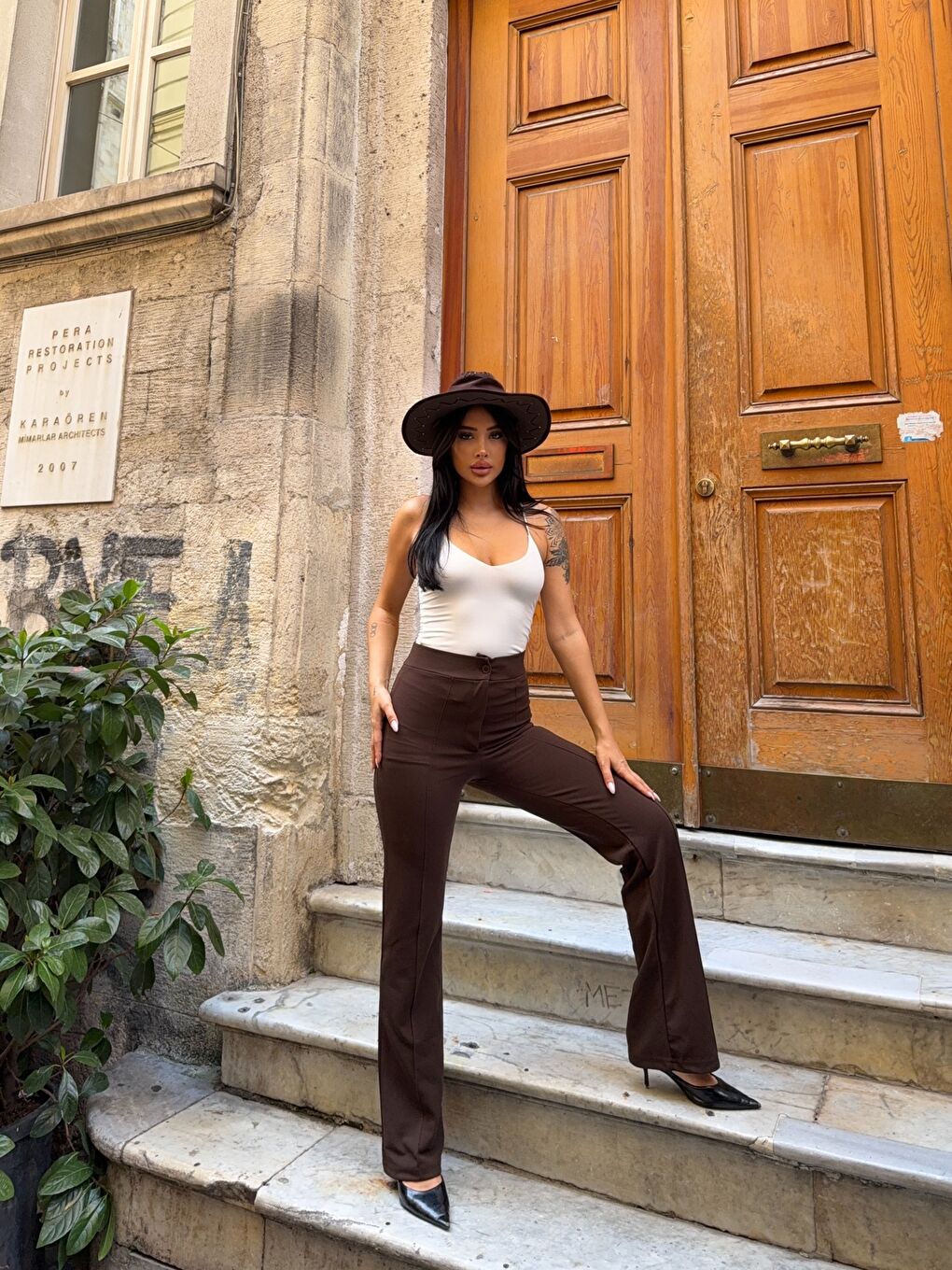 Kahverengi Yüksek Bel Çimalı Palazzo Pantolon