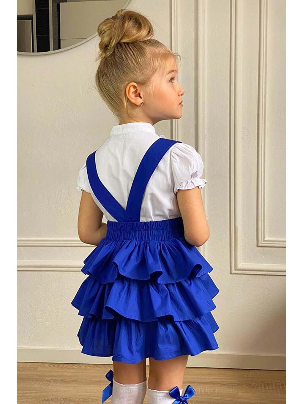 Kız Çocuk Balon Kollu Yakası Fırfırlı Gömlek Kat Kat Fırfırlı Mavi Etekli Salopet Takım-3
