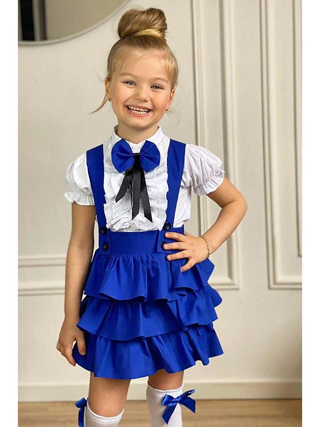 Kız Çocuk Balon Kollu Yakası Fırfırlı Gömlek Kat Kat Fırfırlı Mavi Etekli Salopet Takım-2