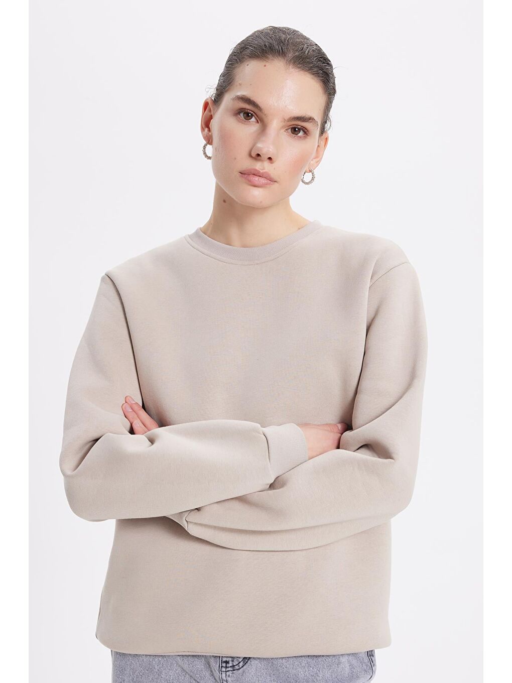 Bej Kadın Oversize Geniş Kesim Pamuklu 3 İplik İçi Polarlı Basic Taş Bisiklet Yaka Sweatshirt