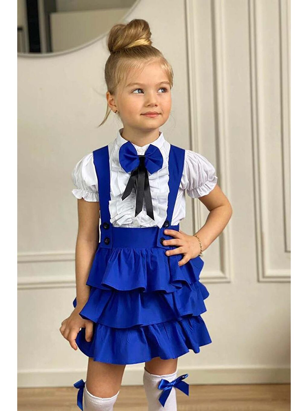 Kız Çocuk Balon Kollu Yakası Fırfırlı Gömlek Kat Kat Fırfırlı Mavi Etekli Salopet Takım-1