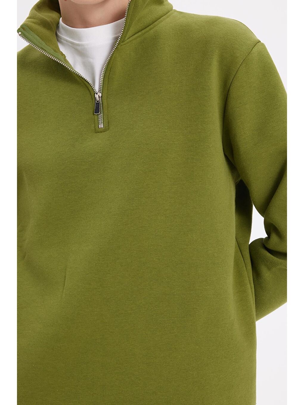 Kadın Relax Fit Rahat Kesim Pamuklu İçi Polarlı Yarım Fermuarlı Haki Dik Yaka Sweatshirt-2