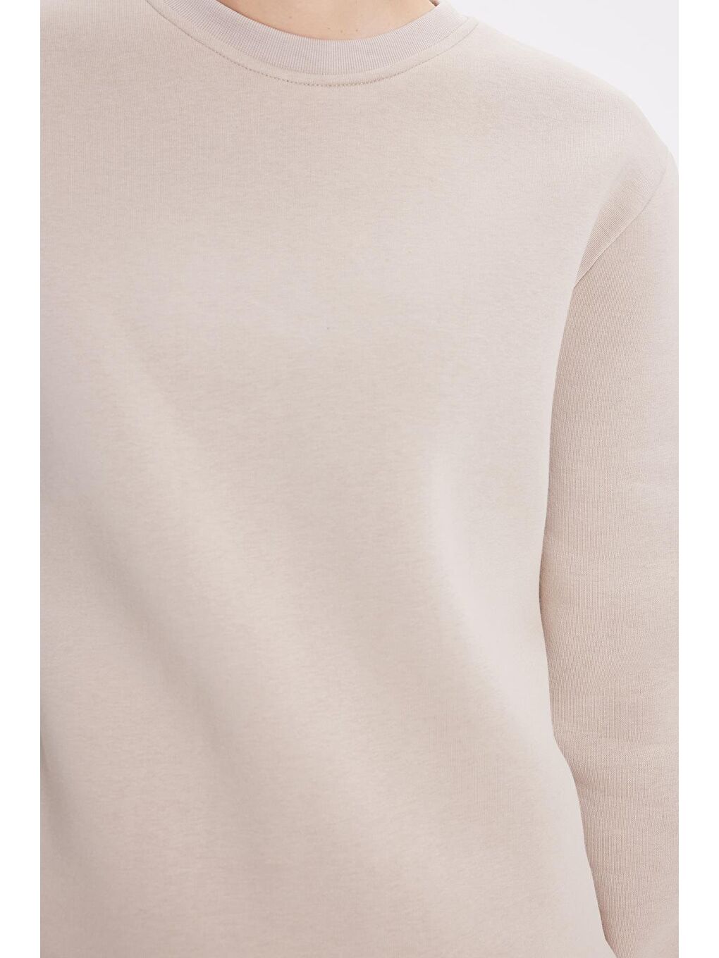 Bej Kadın Oversize Geniş Kesim Pamuklu 3 İplik İçi Polarlı Basic Taş Bisiklet Yaka Sweatshirt-2