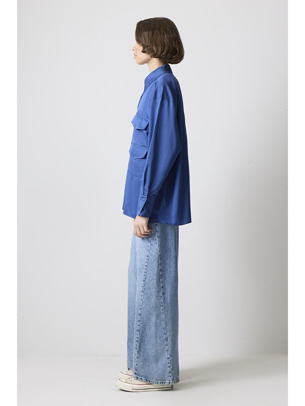 Lacivert Çift Kapak Detaylı Oversize Gömlek-2
