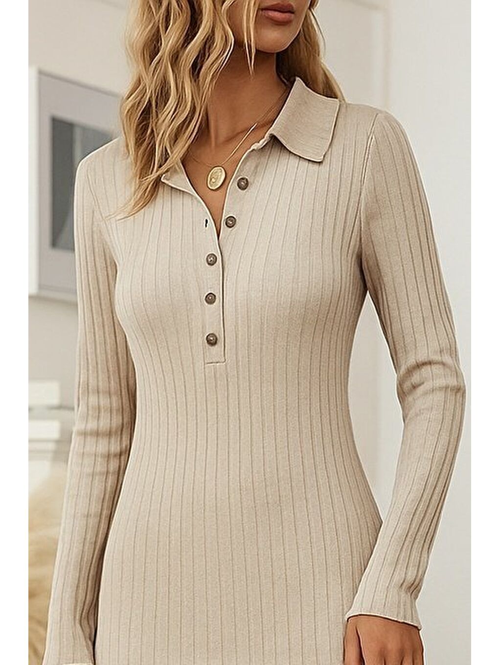 Bej Kadın Uzun Kollu Yakalı Düğmeli şardonlu Kaşkorse Elbise-2