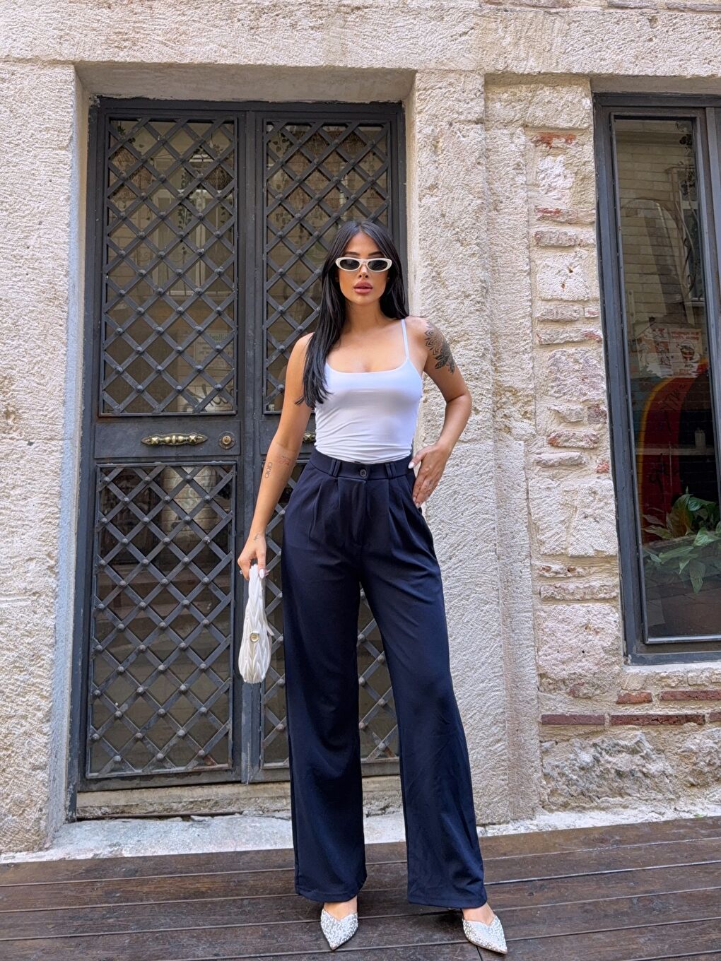 Lacivert Çift Pileli Örme Palazzo Pantolon