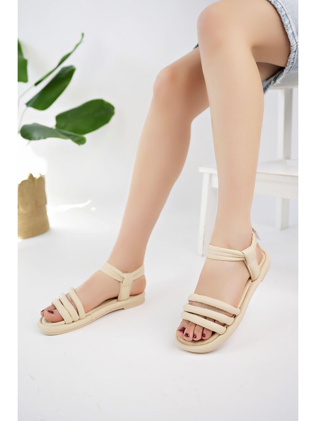 Ekru EMMA Cırtlı Kadın Sandalet Hafif Yazlık Ayakkabı Anatomik Taban-1