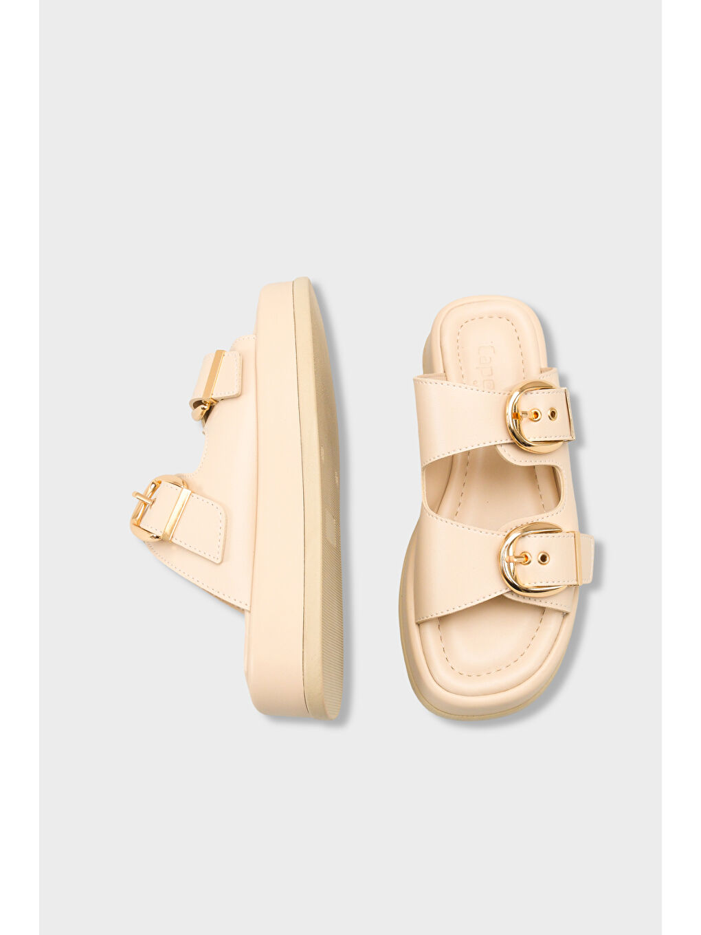 Bej Vivien Dolgu Topuklu Çift Bantlı Tokalı Kadın Terlik-4