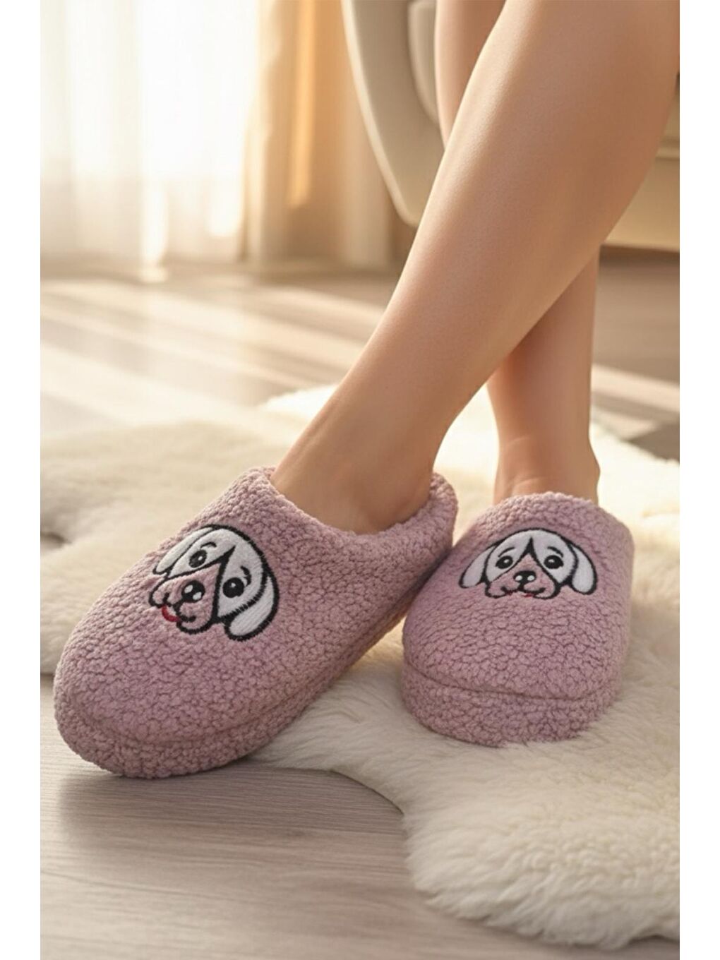 Pembe Ft 102 Köpek Nakışlı Kadın Ev Terliği Pelüş Terlik Çeyiz ve Bohça Terliği Ses Yapmaz Kalın Taban-1