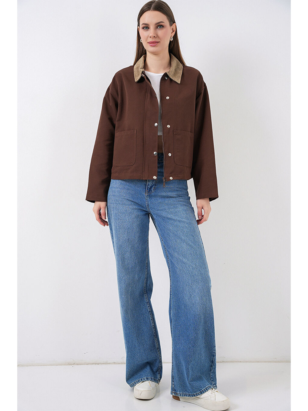 Kadın Cep Detaylı Kısa Ceket 5975 - Kahverengi-1