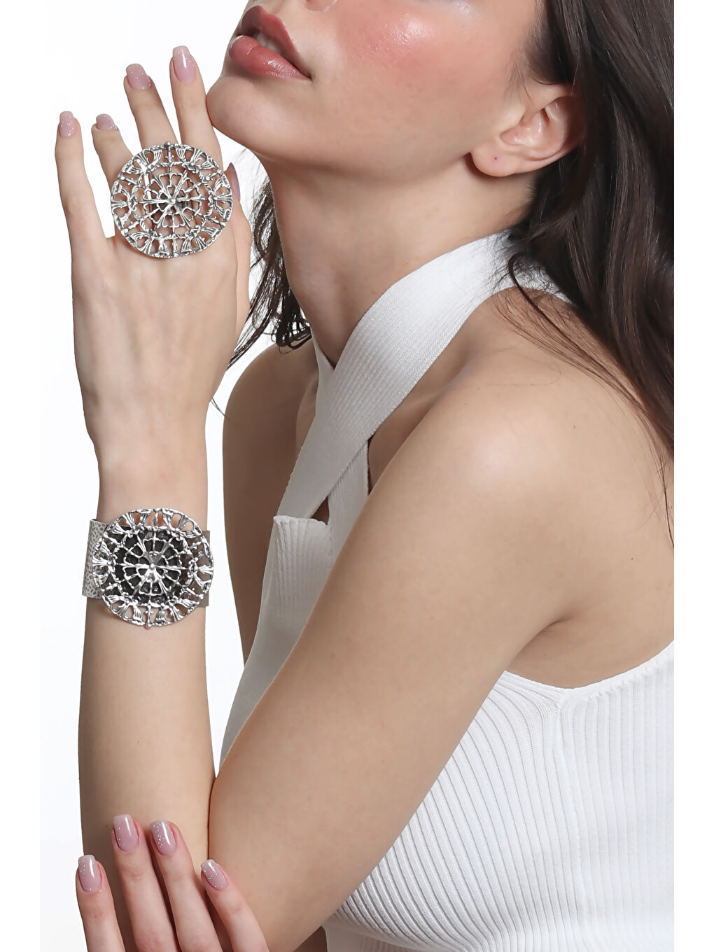Gri Kadın Antik Gümüş Kaplama Ayarlanabilir Geniş Band Örümcek Ağı Figürlü Bileklik & Yüzük Set-3