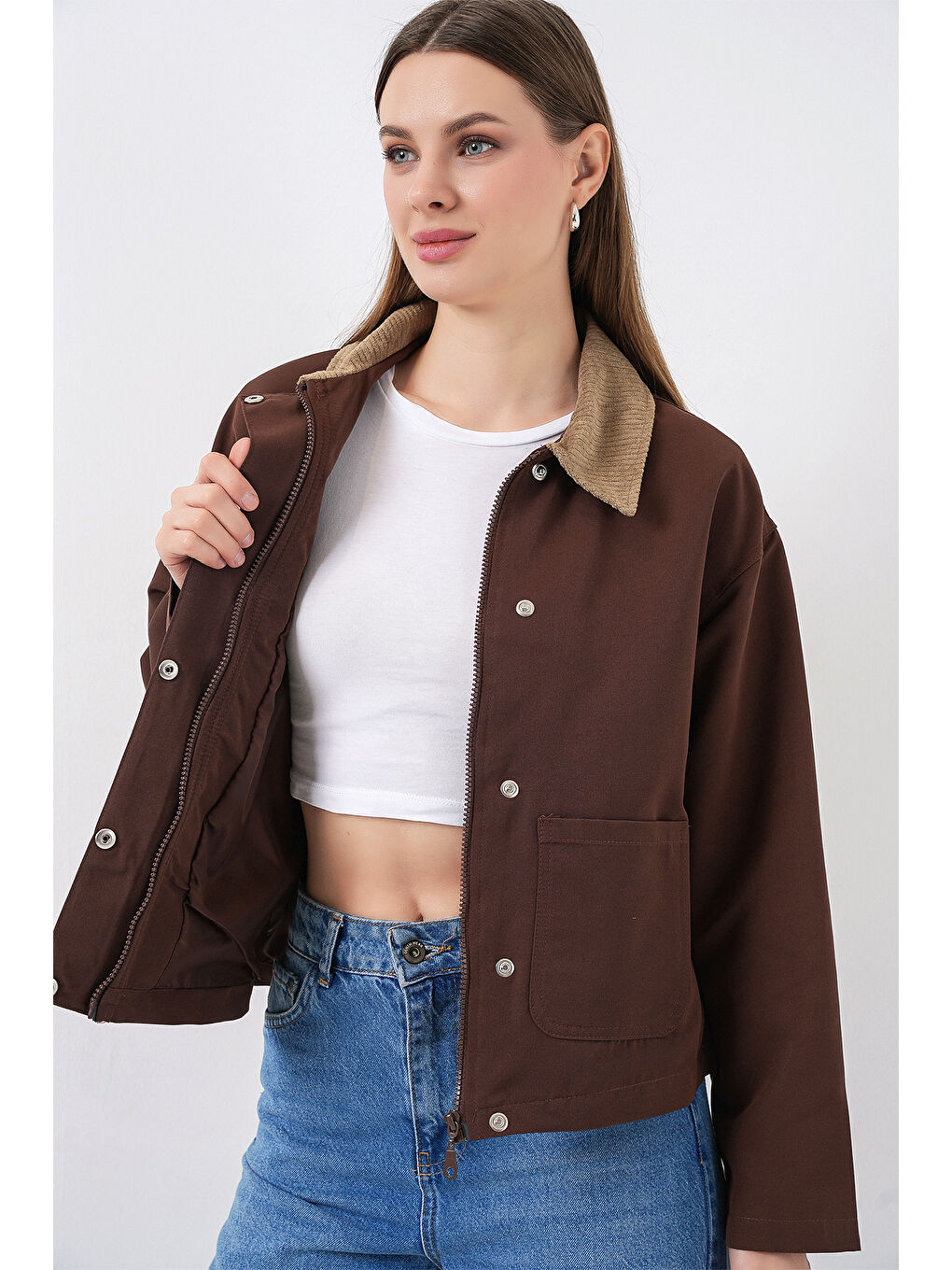 Kadın Cep Detaylı Kısa Ceket 5975 - Kahverengi-2