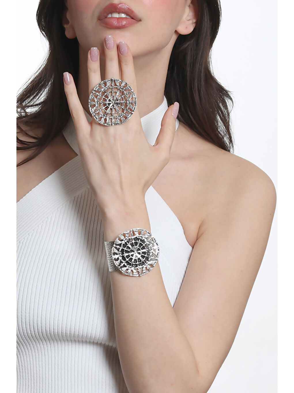 Gri Kadın Antik Gümüş Kaplama Ayarlanabilir Geniş Band Örümcek Ağı Figürlü Bileklik & Yüzük Set-1