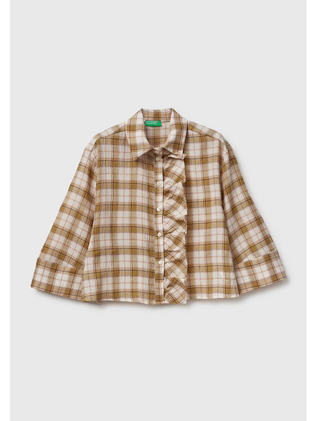 Kadın Sarı Pamuk Karışımlı Kareli Fırfır Detaylı Gömlek-1