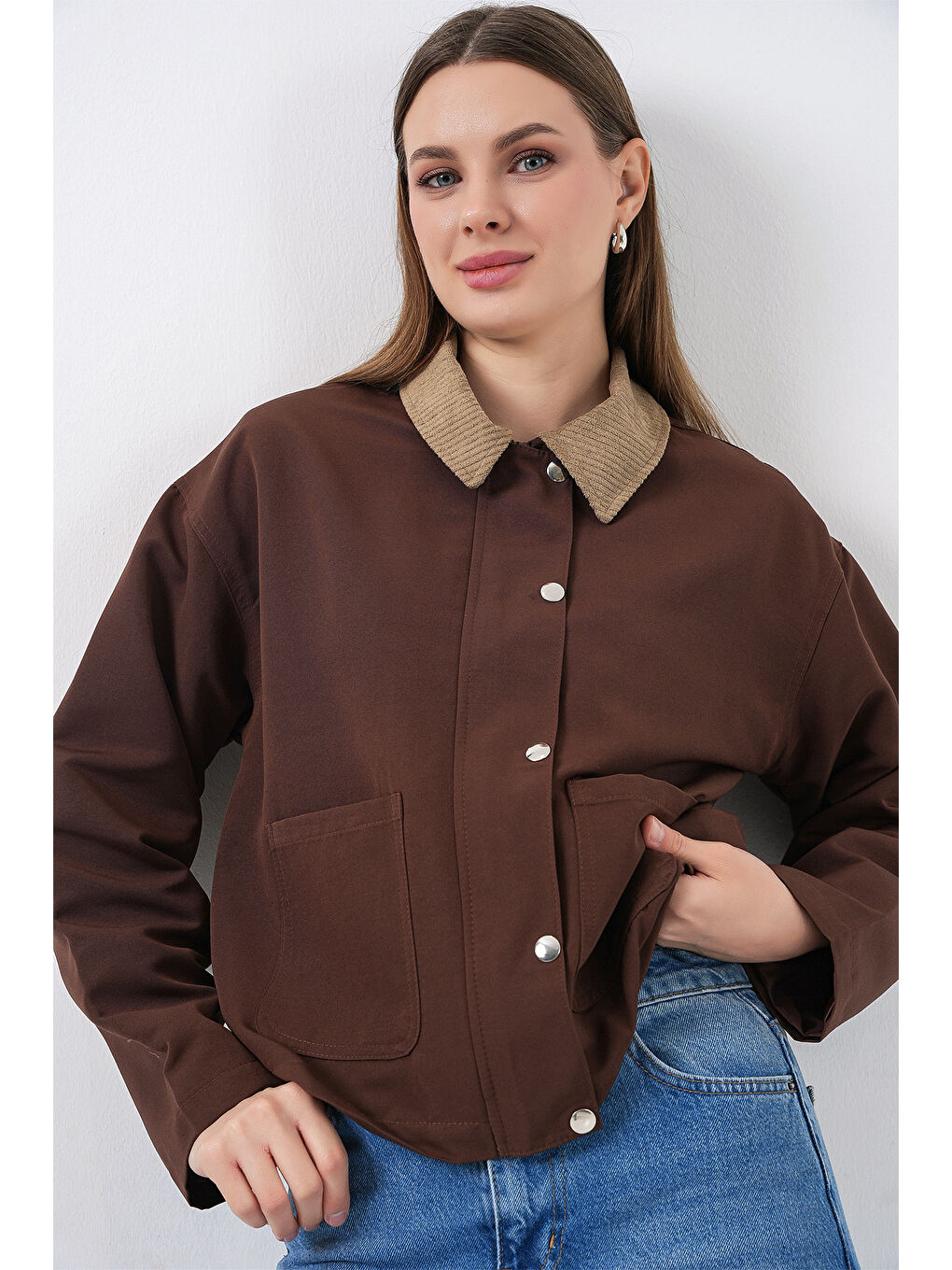 Kadın Cep Detaylı Kısa Ceket 5975 - Kahverengi-3