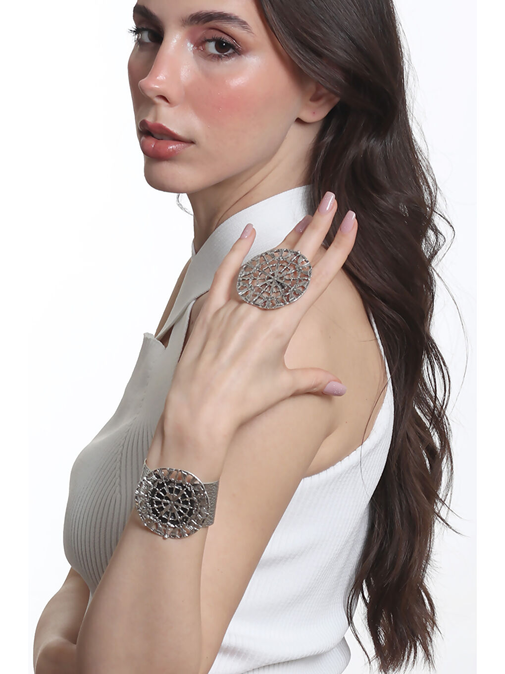 Gri Kadın Antik Gümüş Kaplama Ayarlanabilir Geniş Band Örümcek Ağı Figürlü Bileklik & Yüzük Set-2
