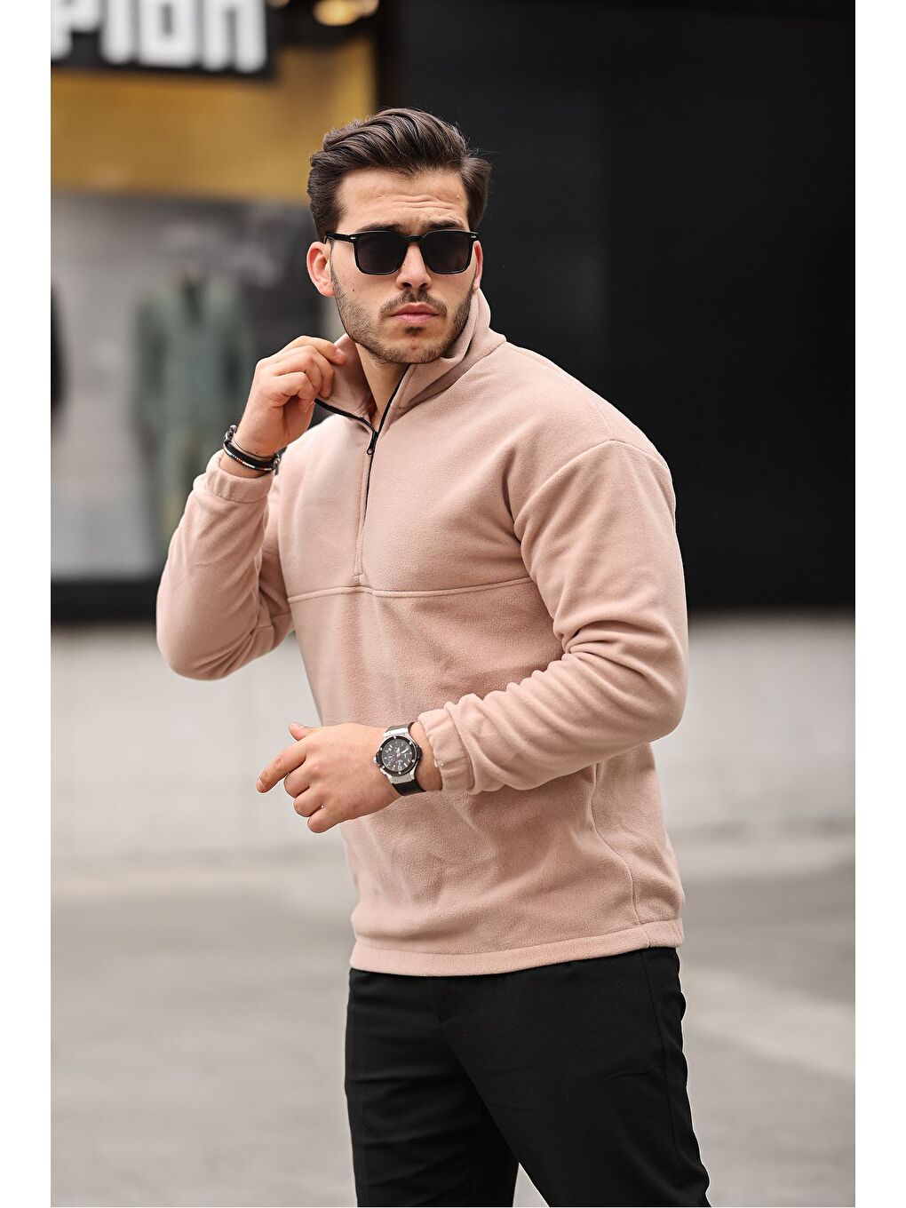 Bej Yarım Fermuarlı Polar Sweatshirt-1