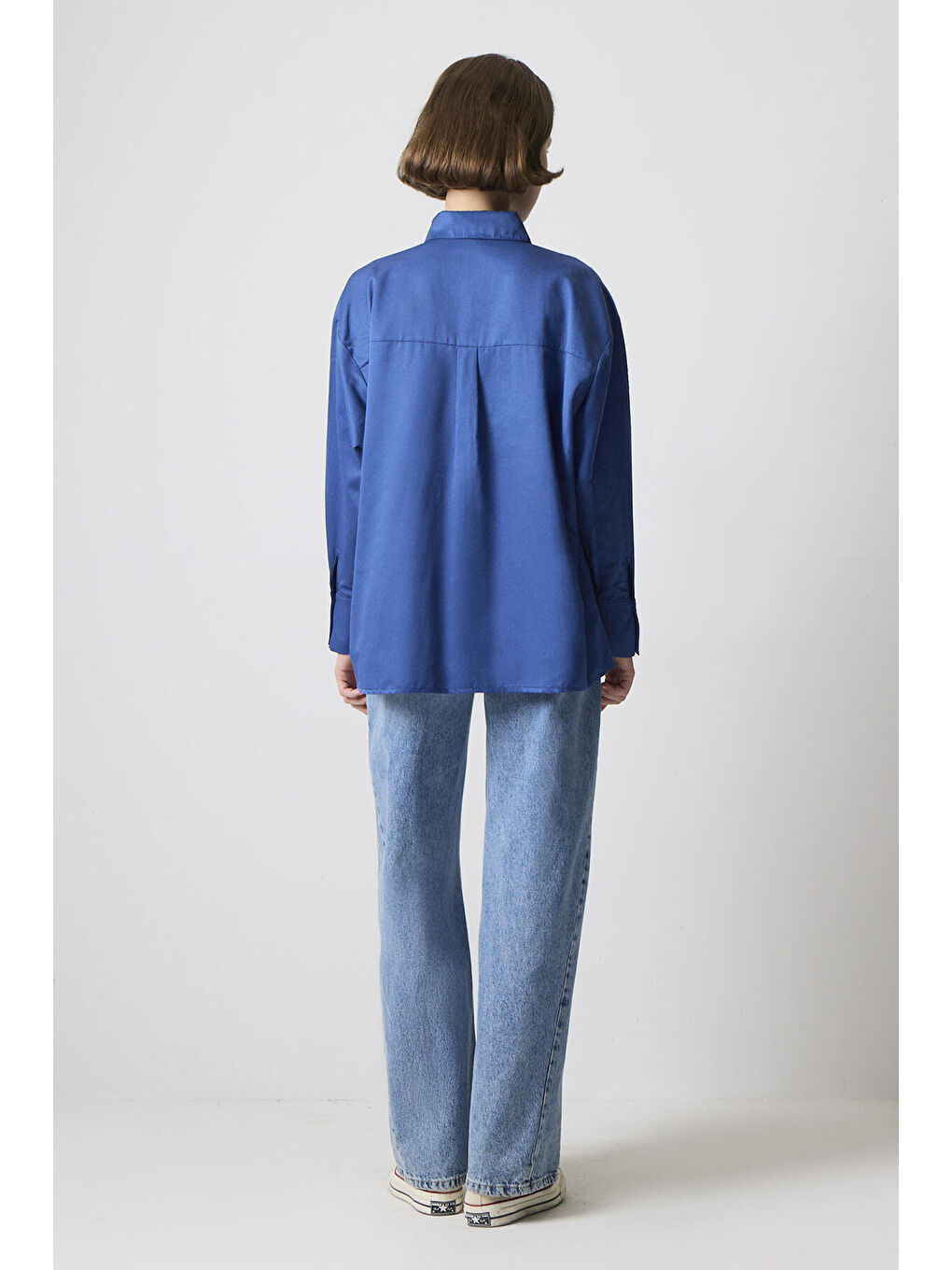 Lacivert Çift Kapak Detaylı Oversize Gömlek-3