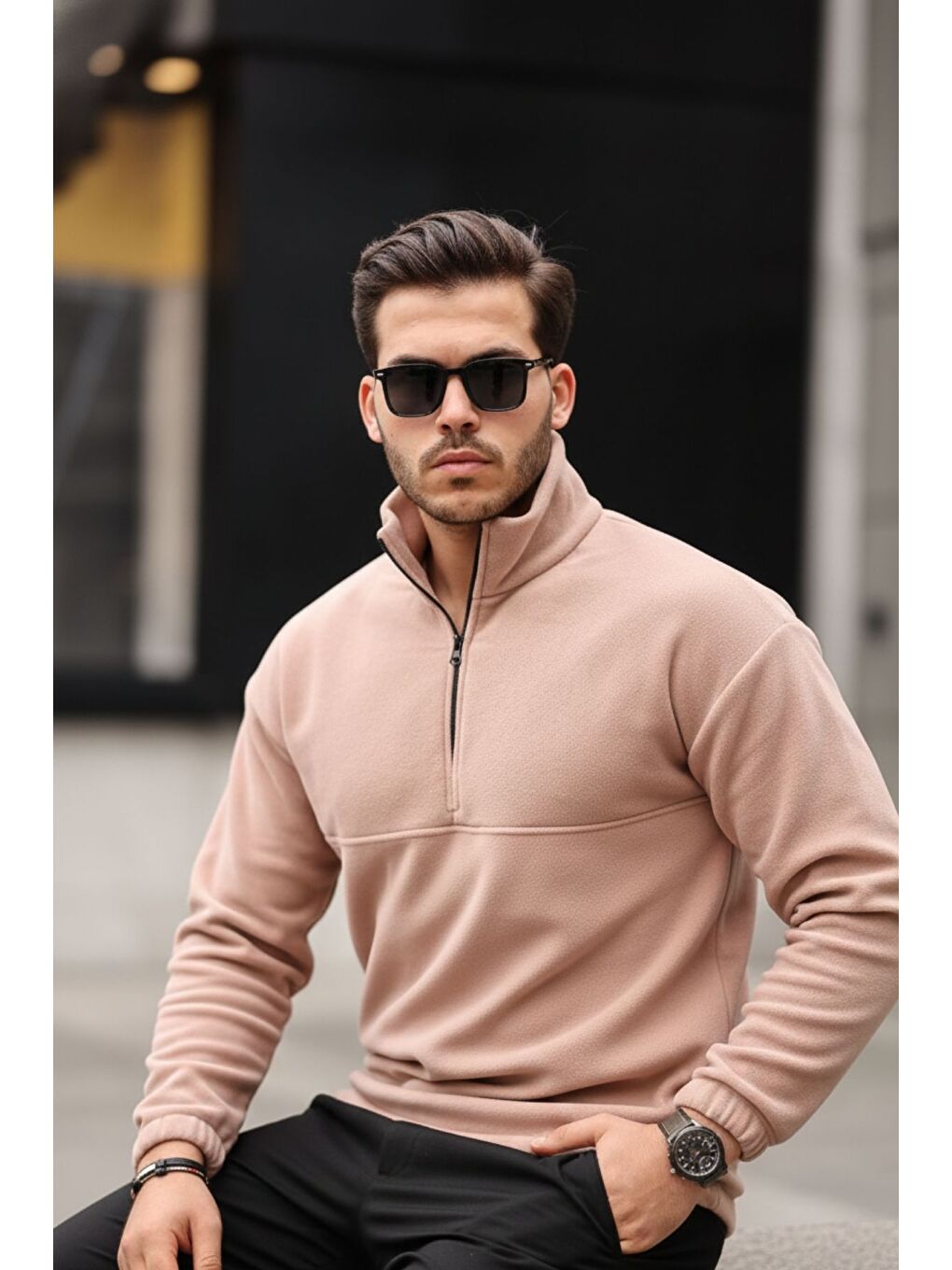 Bej Yarım Fermuarlı Polar Sweatshirt-2