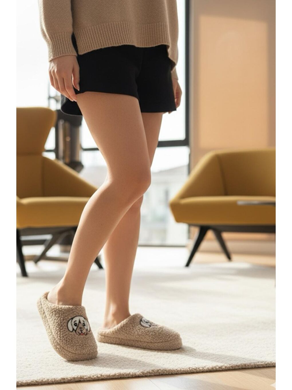 Kahverengi Ft 102 Köpek Nakışlı Kadın Ev Terliği Pelüş Terlik Çeyiz ve Bohça Terliği Ses Yapmaz Kalın Taban-1