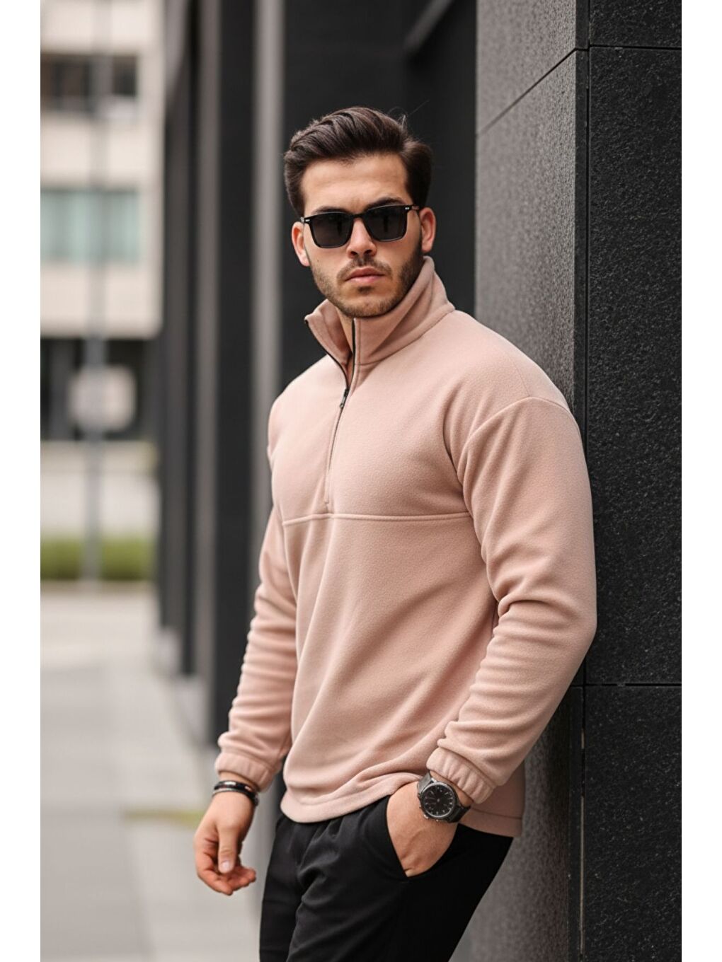 Bej Yarım Fermuarlı Polar Sweatshirt-3