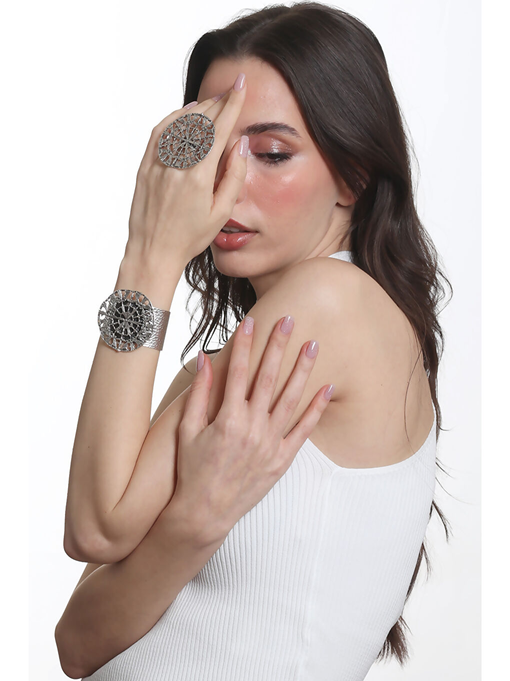 Gri Kadın Antik Gümüş Kaplama Ayarlanabilir Geniş Band Örümcek Ağı Figürlü Bileklik & Yüzük Set-5