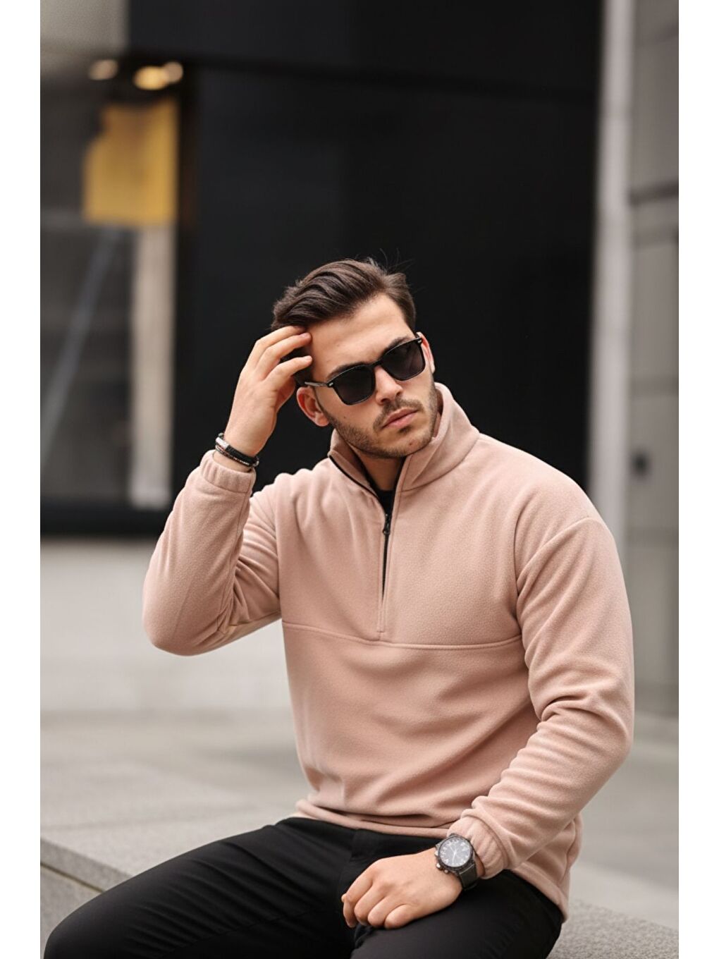 Bej Yarım Fermuarlı Polar Sweatshirt-4