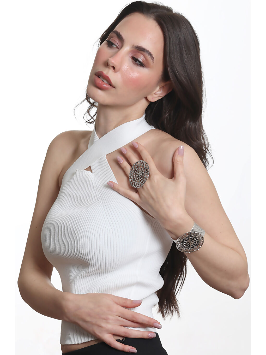 Gri Kadın Antik Gümüş Kaplama Ayarlanabilir Geniş Band Örümcek Ağı Figürlü Bileklik & Yüzük Set-6