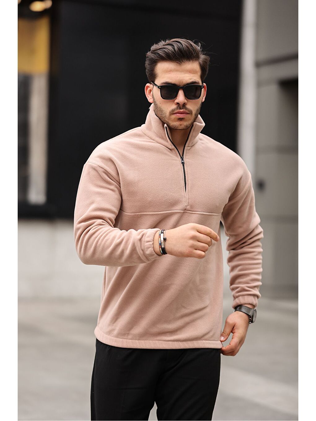 Bej Yarım Fermuarlı Polar Sweatshirt-5