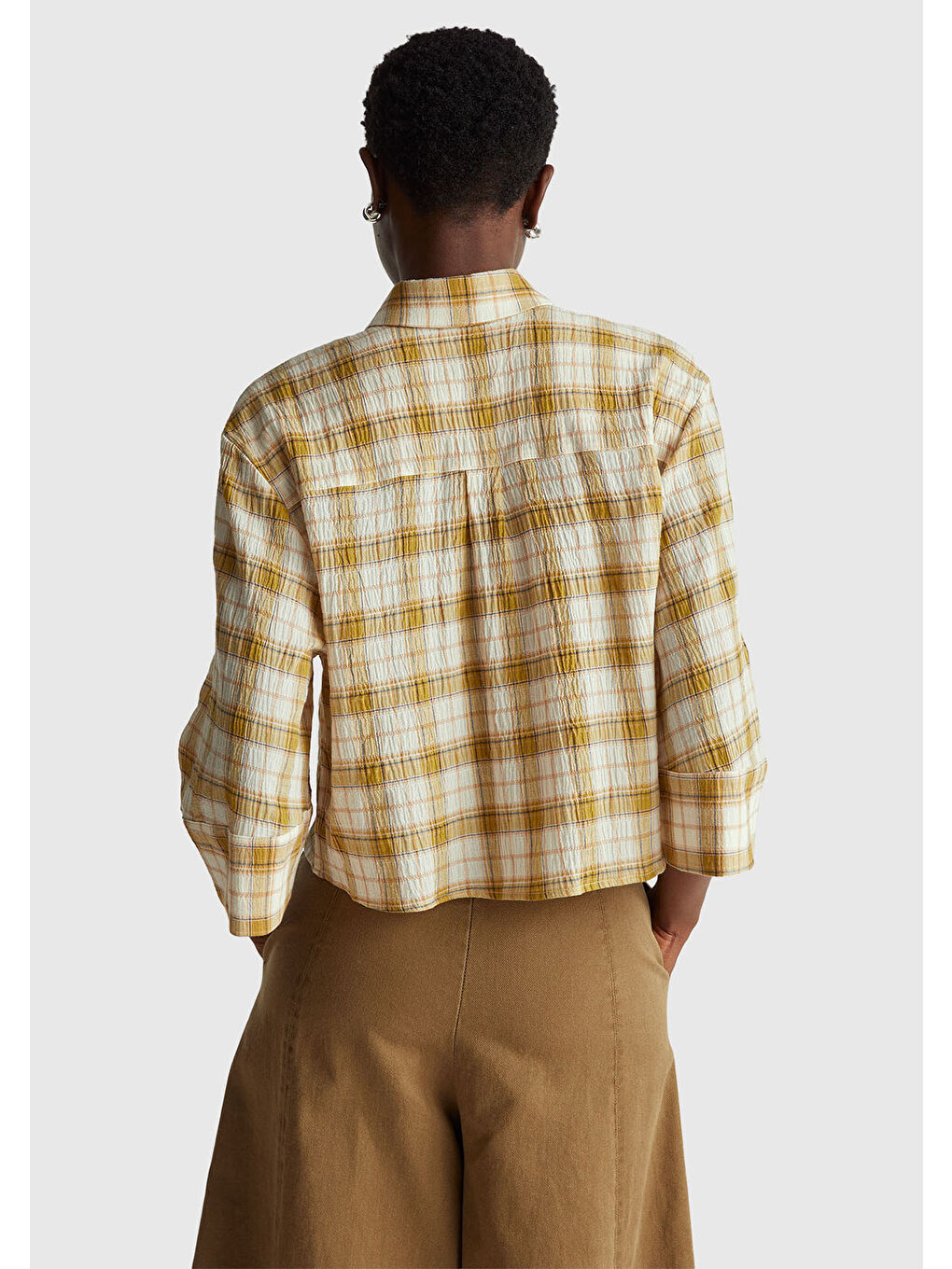 Kadın Sarı Pamuk Karışımlı Kareli Fırfır Detaylı Gömlek-2