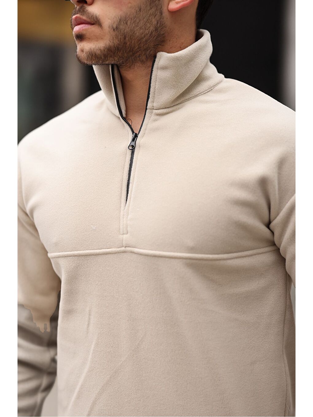 Ekru Yarım Fermuarlı Polar Sweatshirt-1