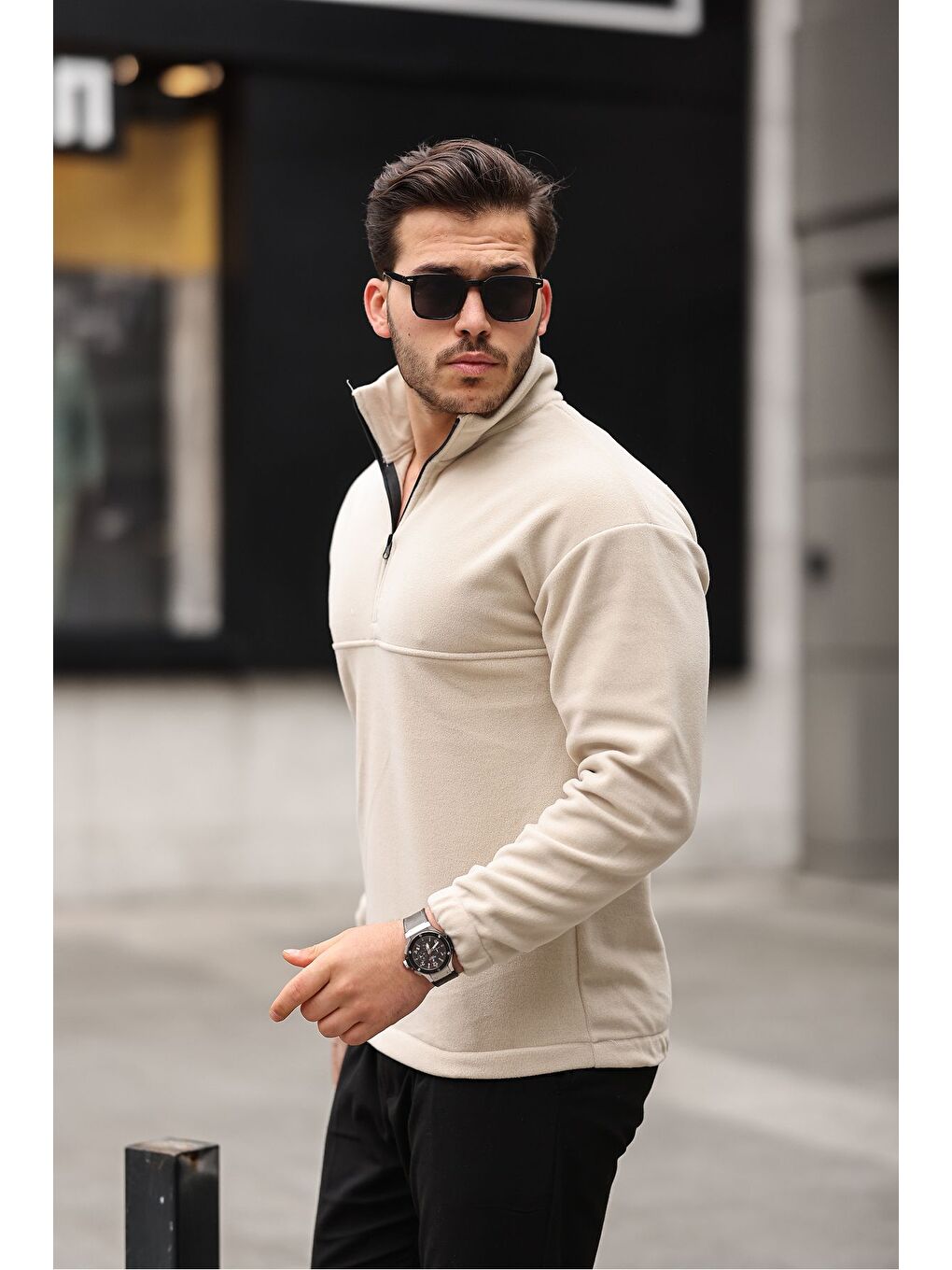 Ekru Yarım Fermuarlı Polar Sweatshirt-2