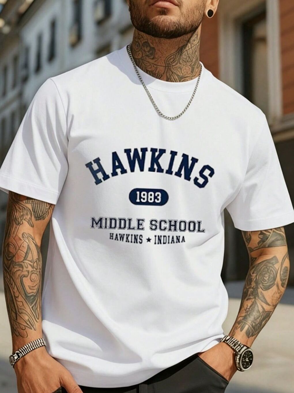 Erkek Beyaz Hawkins Baskı Detay %100 Organik Pamuk Örme Oversize Tişört