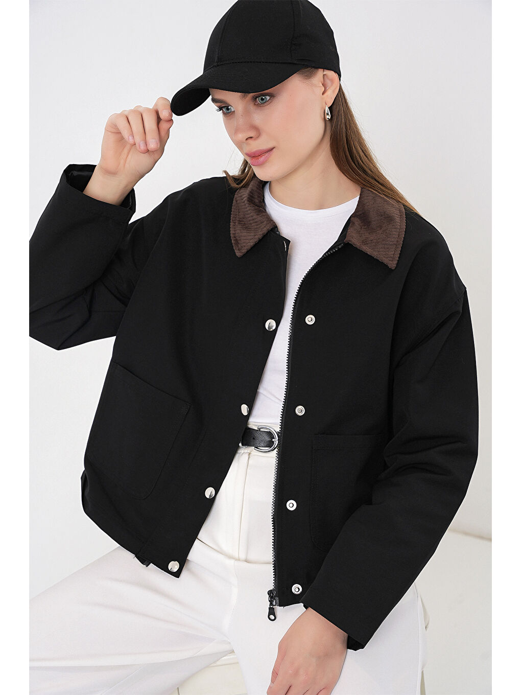 Kadın Cep Detaylı Kısa Ceket 5975 - Siyah-4