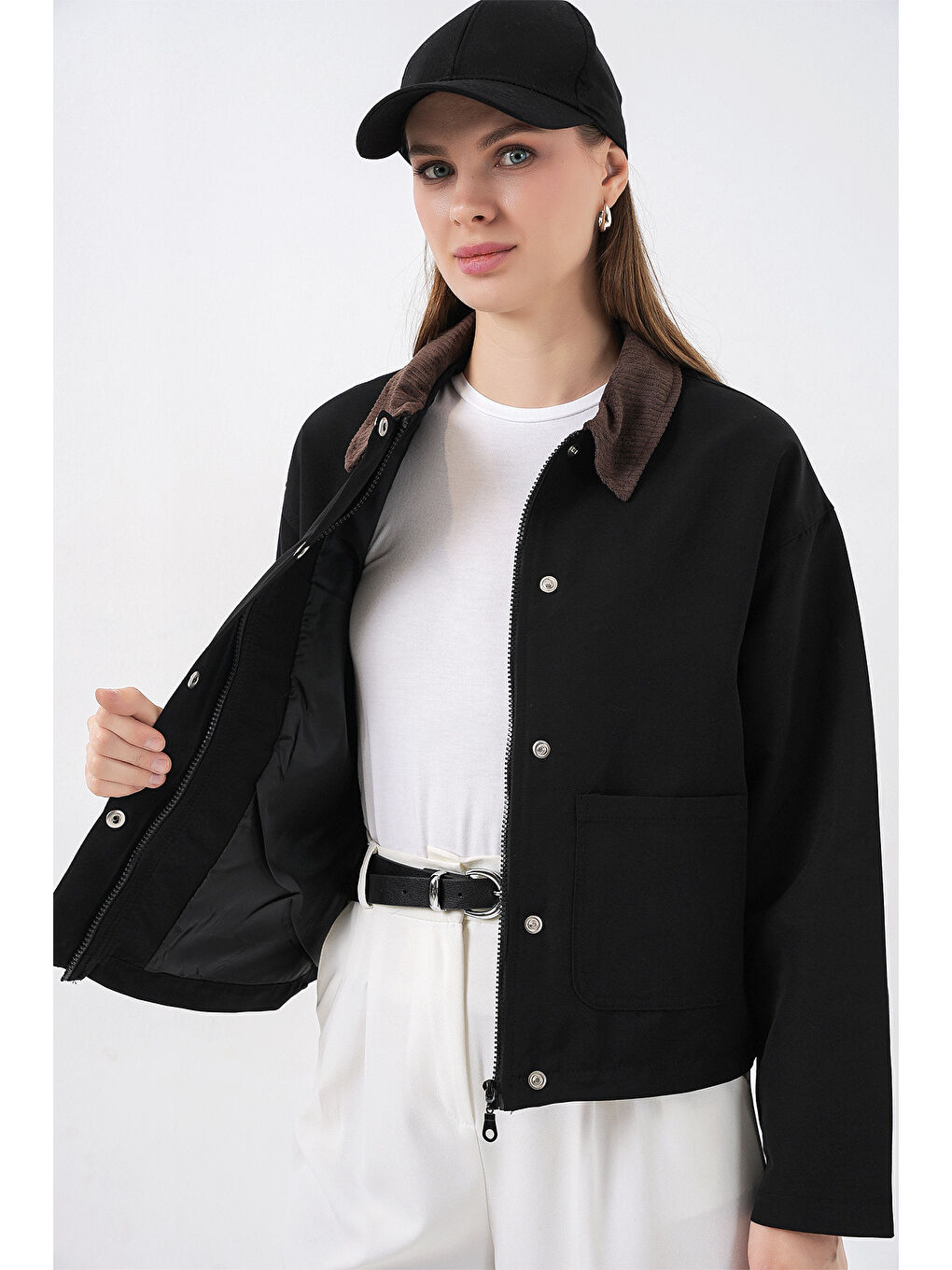 Kadın Cep Detaylı Kısa Ceket 5975 - Siyah-5