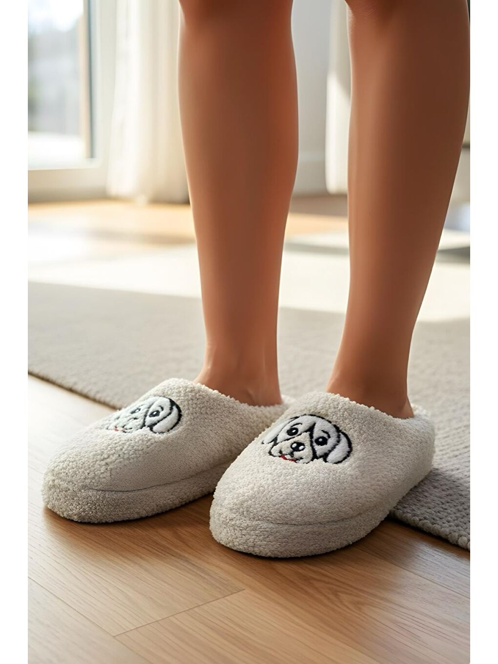 Ekru Ft 102 Köpek Nakışlı Kadın Ev Terliği Pelüş Terlik Çeyiz ve Bohça Terliği Ses Yapmaz Kalın Taban-1