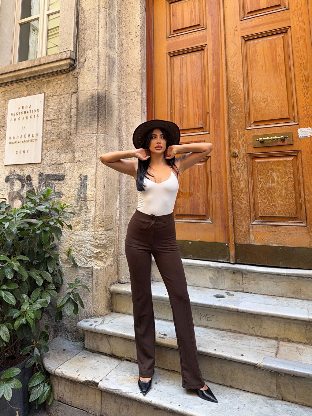 Kahverengi Yüksek Bel Çimalı Palazzo Pantolon-2