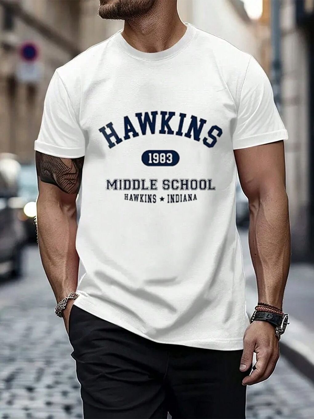 Erkek Beyaz Hawkins Baskı Detay %100 Organik Pamuk Örme Oversize Tişört-1