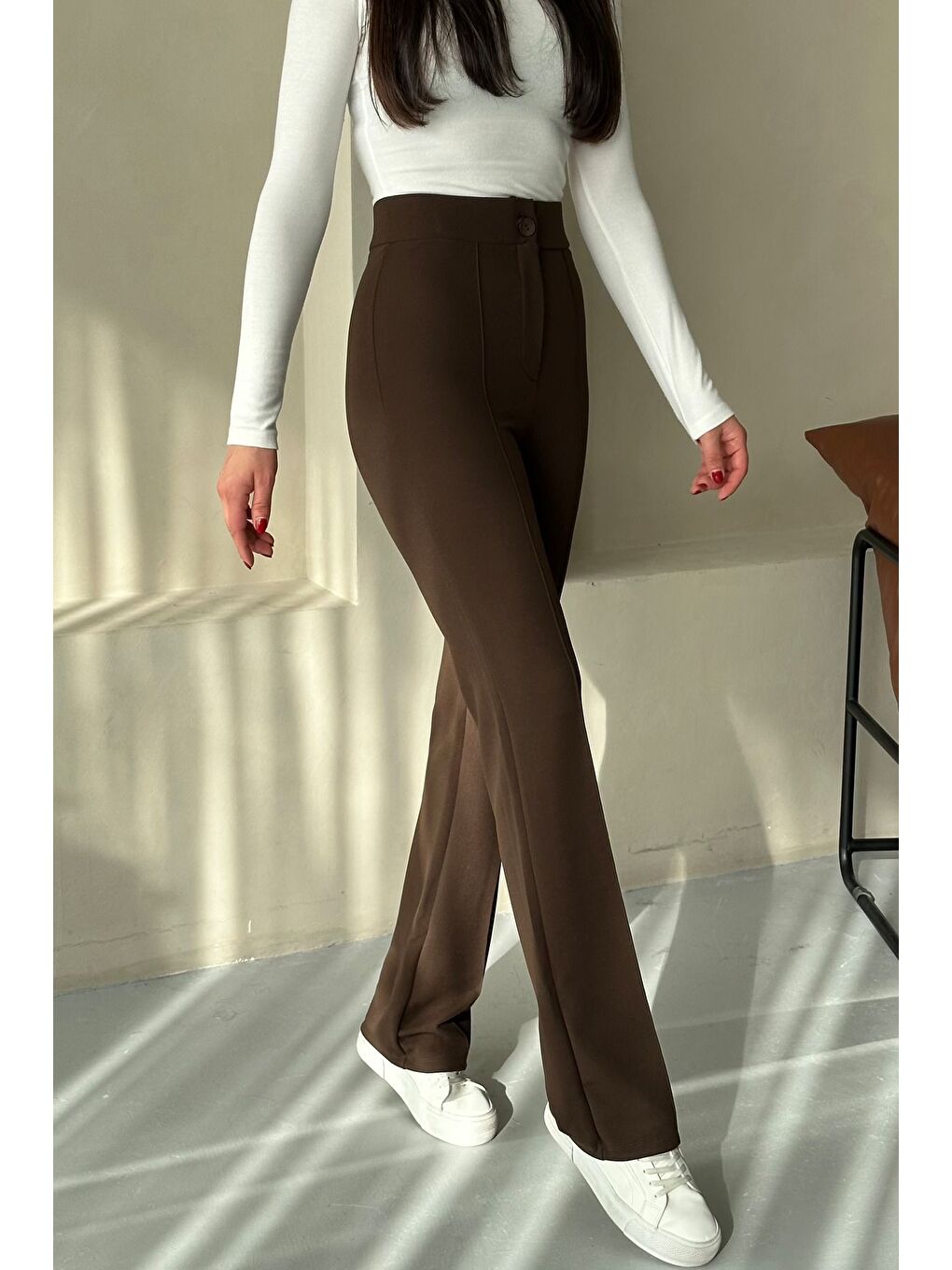 Kahverengi Kadın Kahve Elastanlı Palazzo Yüksek Bel Pantolon