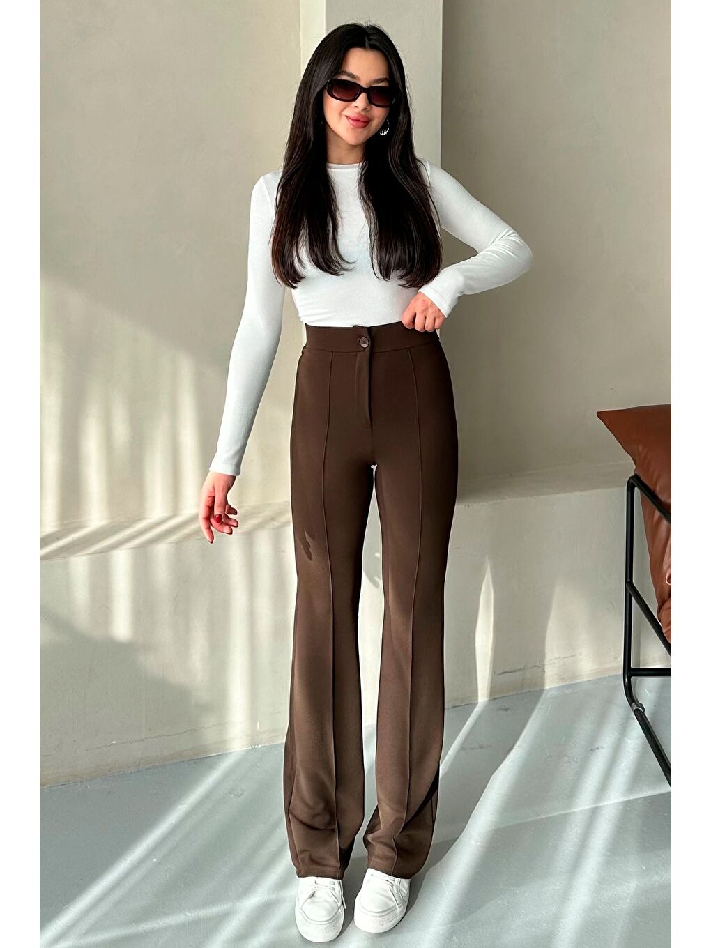 Kahverengi Kadın Kahve Elastanlı Palazzo Yüksek Bel Pantolon-1