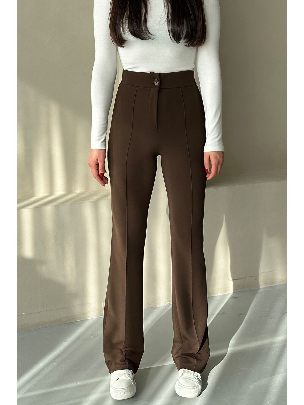 Kahverengi Kadın Kahve Elastanlı Palazzo Yüksek Bel Pantolon-2