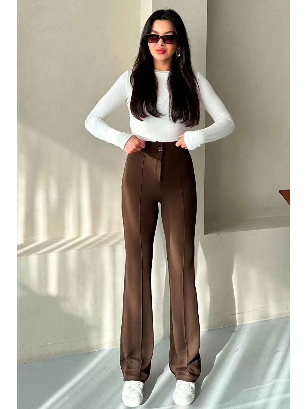 Kahverengi Kadın Kahve Elastanlı Palazzo Yüksek Bel Pantolon-3