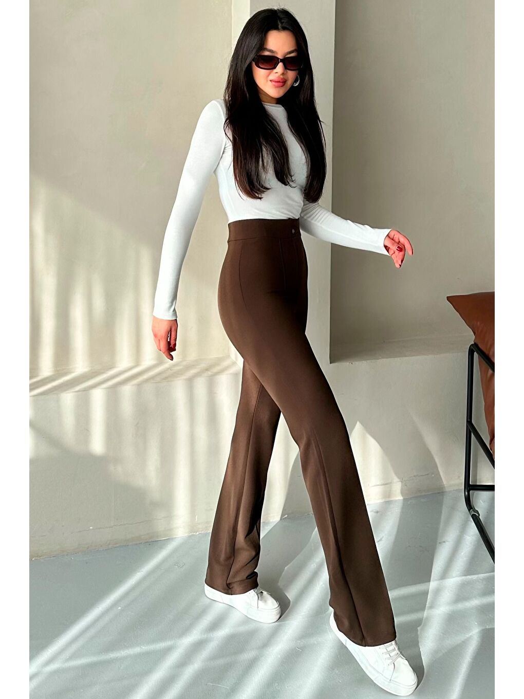 Kahverengi Kadın Kahve Elastanlı Palazzo Yüksek Bel Pantolon-4