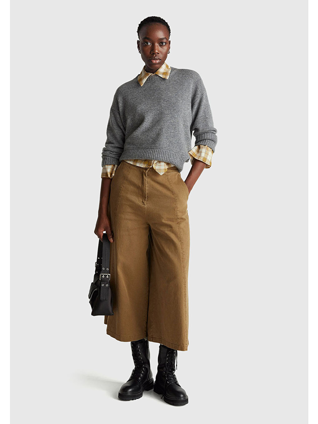 Kadın Sarı Pamuk Karışımlı Kareli Fırfır Detaylı Gömlek-4