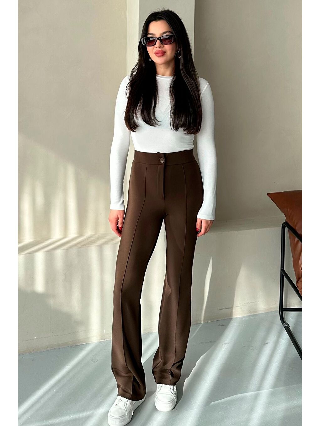 Kahverengi Kadın Kahve Elastanlı Palazzo Yüksek Bel Pantolon-5