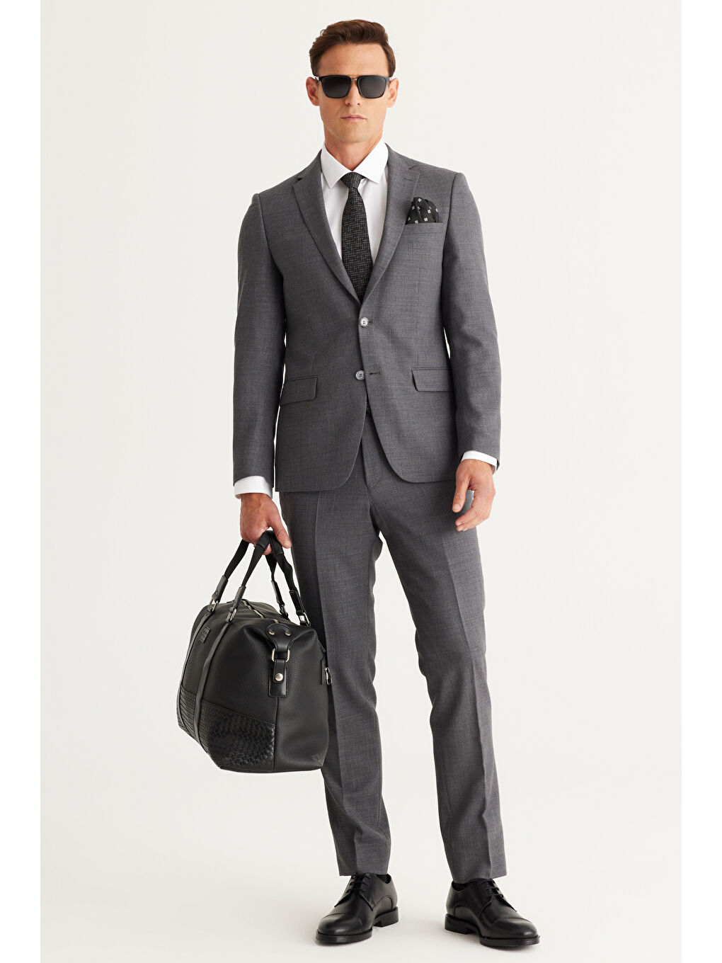 Erkek Gri Slim Fit Dar Kesim Mono Yaka Yünlü Takım Elbise-2