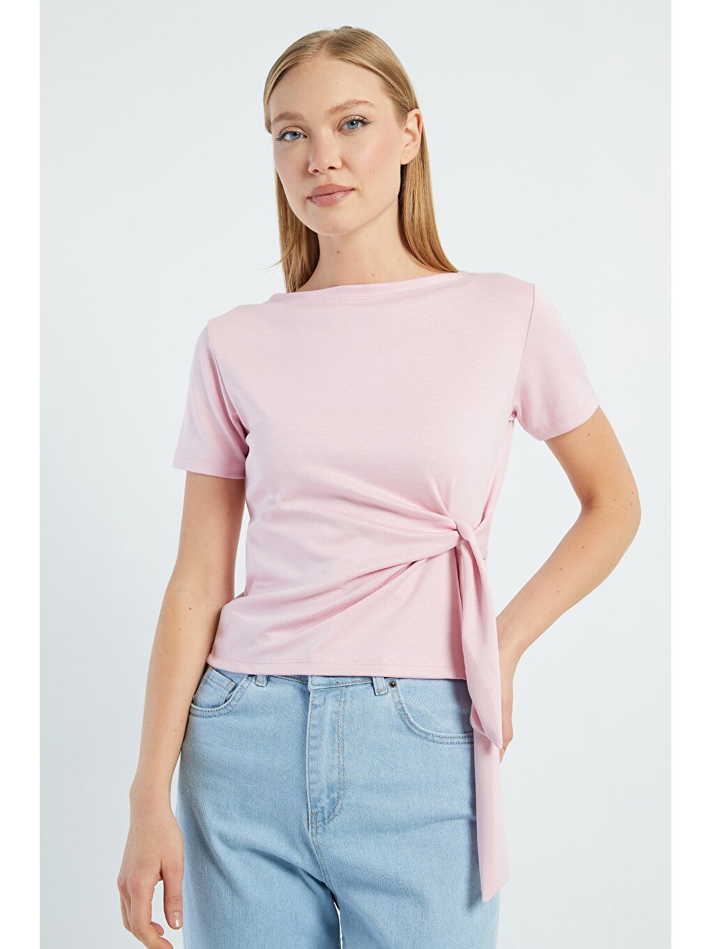 Pembe Yandan Bağlamalı Modal Crop Tişört-2