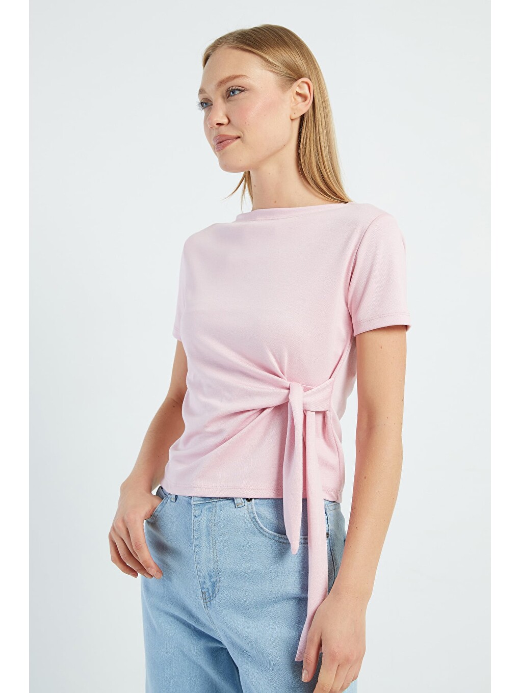 Pembe Yandan Bağlamalı Modal Crop Tişört-3