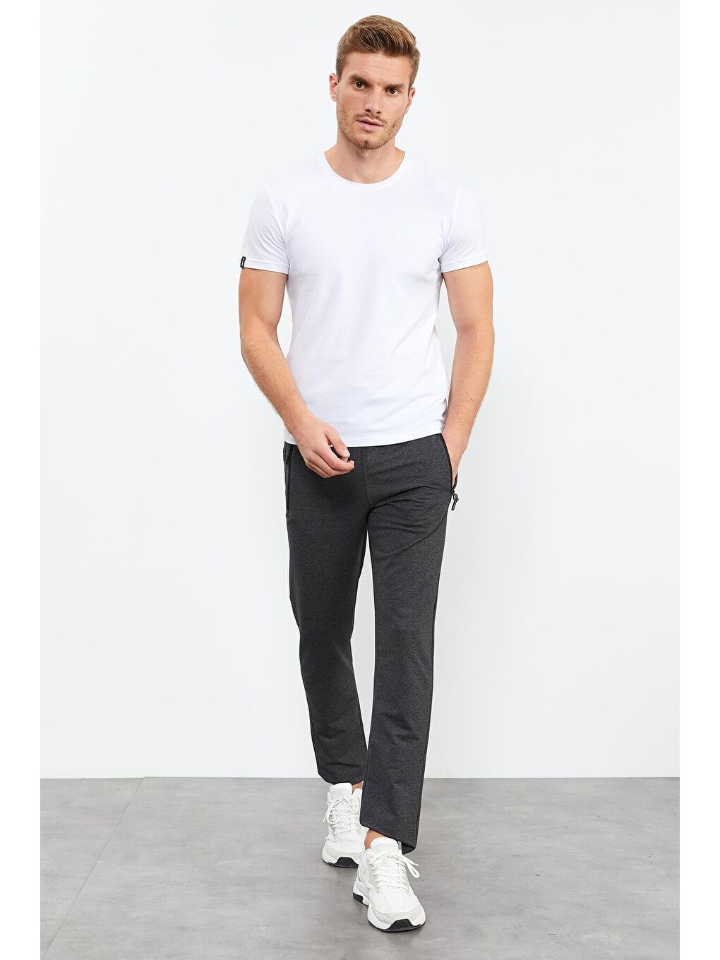 Antrasit Melanj Fermuar Cepli Yazı Detaylı Standart Kalıp Klasik Paça Erkek Eşofman Alt - 84744-2